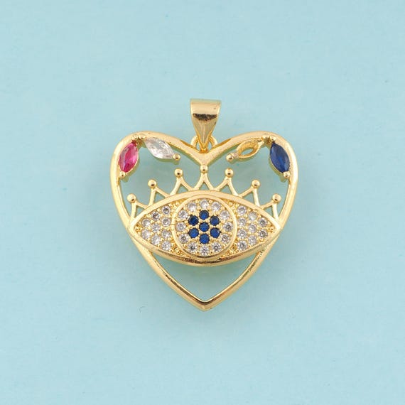 Gold CZ Heart Charms,Evil Eye Jewelry,Devil Eye Pendant for DIY Jewelry Making,18K Gold