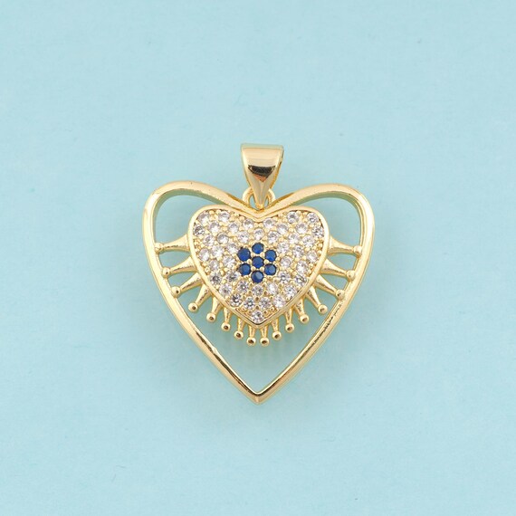 Gold CZ Heart Charms,Evil Eye Jewelry,Devil Eye Pendant for DIY Jewelry Making,18K Gold