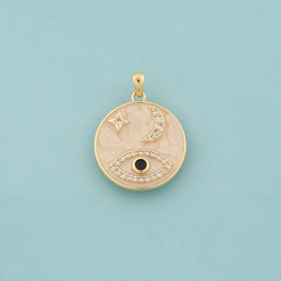 Gold CZ Evil Eye Charms,Devil Eye Jewelry,Enamel Moon Star Pendant for DIY Jewelry Making,18K Gold