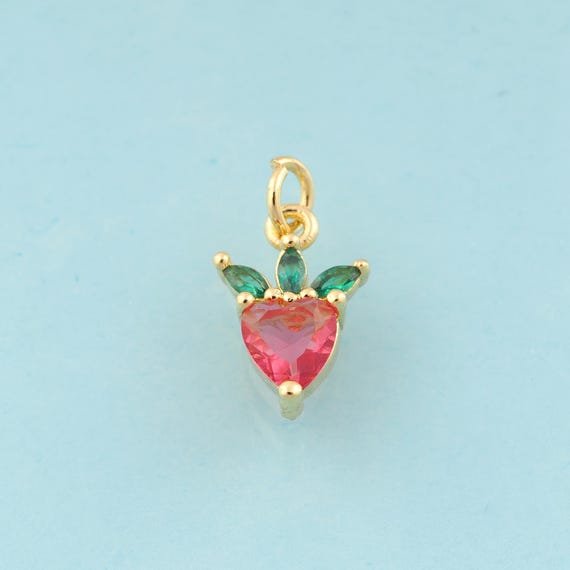 Gold CZ Strawberry Charms,Fruit Jewelry,Strawberry Pendant for DIY Jewelry Making,18K Gold