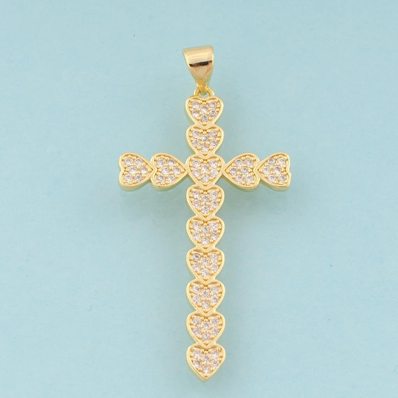 Gold CZ Cross Charms,Heart Jewelry,Christian Pendant for DIY Jewelry Making,18K Gold