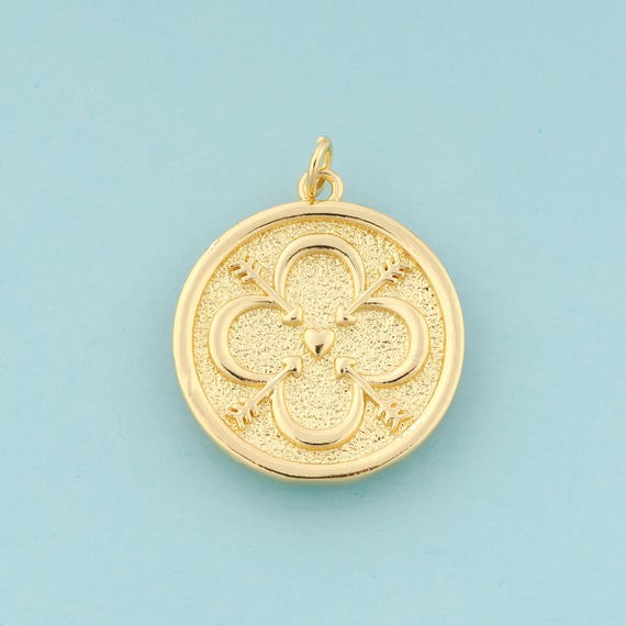 Gold Heart Charms,Arrow Jewelry,Round Pendant for DIY Jewelry Making,18K Gold