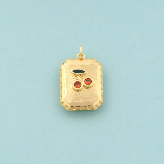 Gold CZ Cherry Charms,Fruit Jewelry,Square Pendant for DIY Jewelry Making,18K Gold