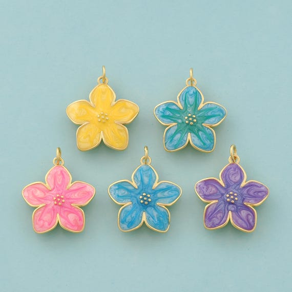 Gold Cherry Blossom Charms,Flower Jewelry,Enamel Cherry Blossom Pendant for DIY Jewelry Making,18K Gold