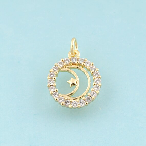 Gold CZ Moon Charms,Round Jewelry,Star Pendant for DIY Jewelry Making,18K Gold