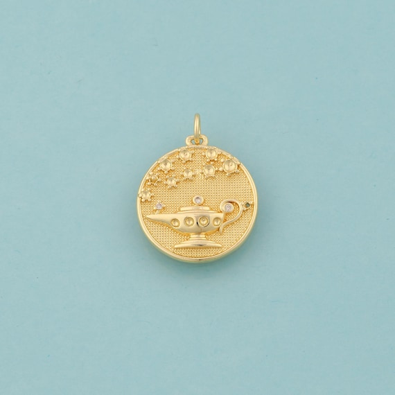 Gold CZ Aladdin Magic Lamp Charms,Round Jewelry,Star Pendant for DIY Jewelry Making,18K Gold