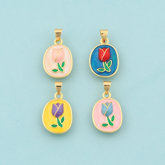 Gold Tulip Charms,Flower Jewelry,Enamel Tulip Pendant for DIY Jewelry Making,18K Gold