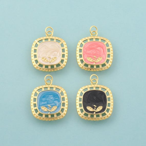 Gold Leaf Charms,Square Jewelry,Enamel Leaf Pendant for DIY Jewelry Making,18K Gold