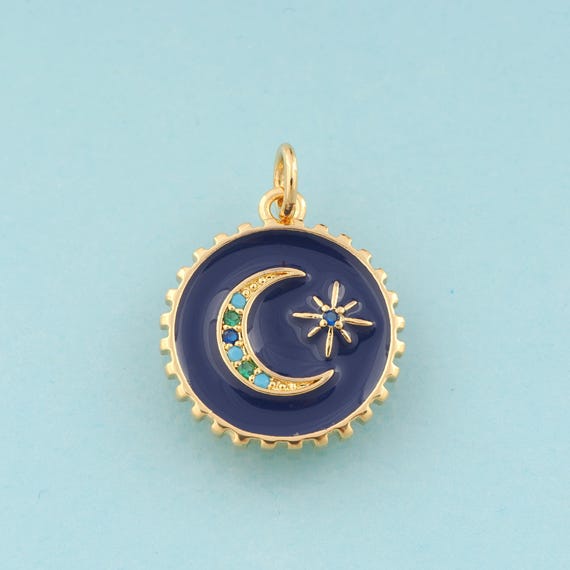 Gold CZ Moon Charms,Star Jewelry,Enamel Round Pendant for DIY Jewelry Making,18K Gold