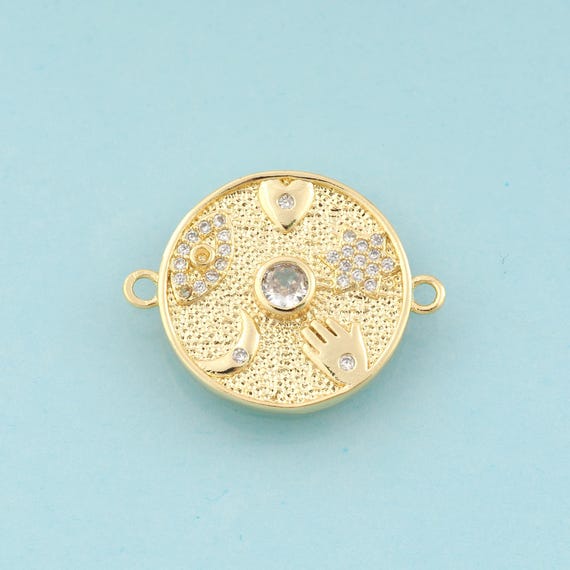 Gold CZ Moon Connector,Heart Jewelry Connector,Evil Eye Connector for DIY Jewelry Making,18K Gold