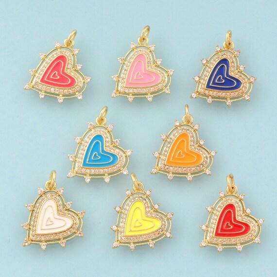 Gold CZ Heart Charms,Heart Jewelry,Enamel Heart Pendant for DIY Jewelry Making,18K Gold