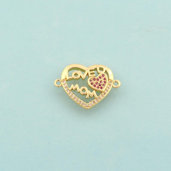 Gold CZ MOM Connector,Heart Jewelry Connector,Letter Connector for DIY Jewelry Making,18K Gold