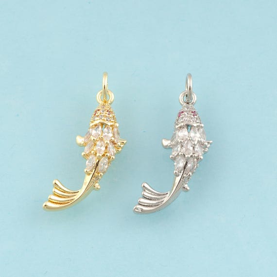 Gold CZ Fish Charms,Fish Jewelry,Fish Pendant for DIY Jewelry Making,18K Gold & Rhodium