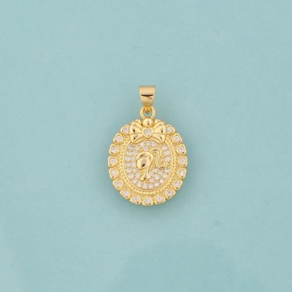 Gold CZ Bow Charms,Girl Jewelry,Round Pendant for DIY Jewelry Making,18K Gold