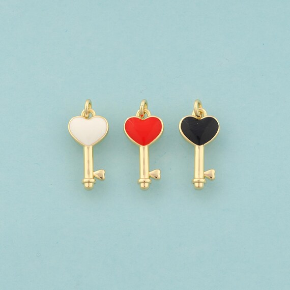 Gold Heart Charms,Love Jewelry,Enamel Key Pendant for DIY Jewelry Making,18K Gold