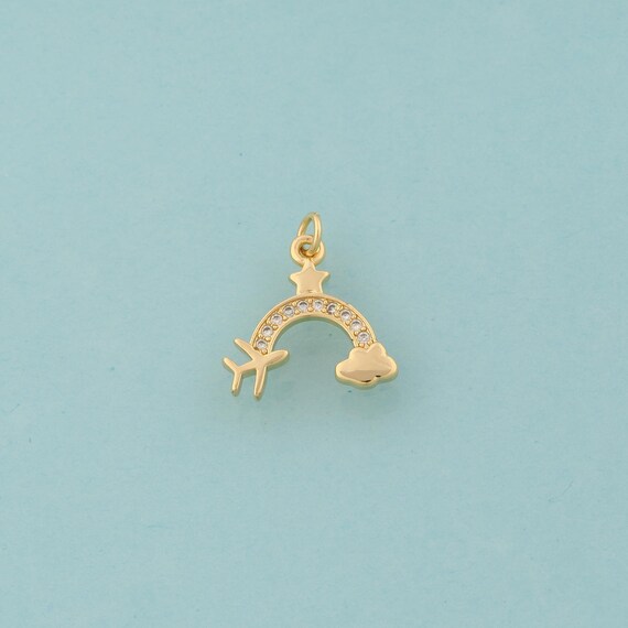 Gold CZ Rainbow Charms,Airplane Jewelry,Cloud Pendant for DIY Jewelry Making,18K Gold
