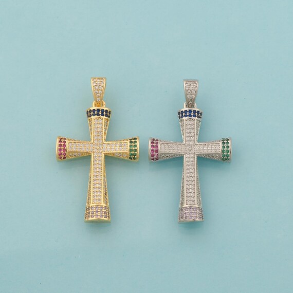 Gold CZ Cross Charms,Religious Jewelry,Christian Pendant for DIY Jewelry Making,18K Gold