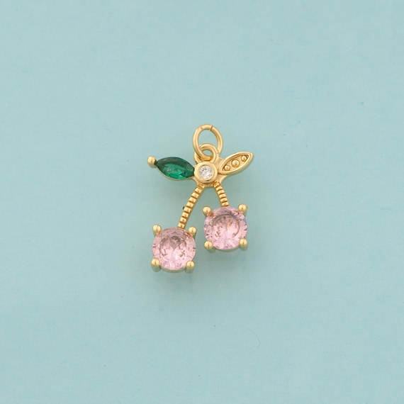 Gold CZ Cherry Charms,Fruit Jewelry,Cherry Pendant for DIY Jewelry Making,18K Gold