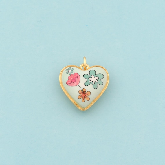 Gold Heart Charms,Flower Jewelry,Enamel Love Pendant for DIY Jewelry Making,18K Gold