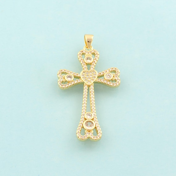 Gold CZ Cross Charms,Religious Jewelry,Christian Pendant for DIY Jewelry Making,18K Gold