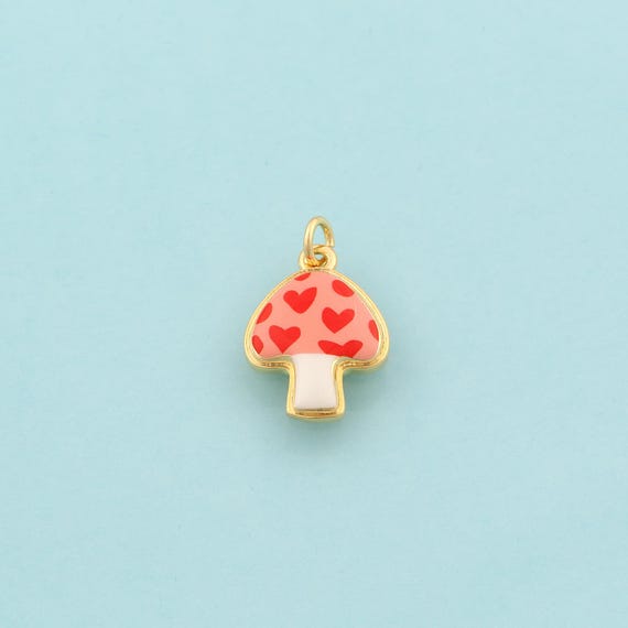 Gold Mushroom Charms,Heart Jewelry,Enamel Mushroom Pendant for DIY Jewelry Making,18K Gold