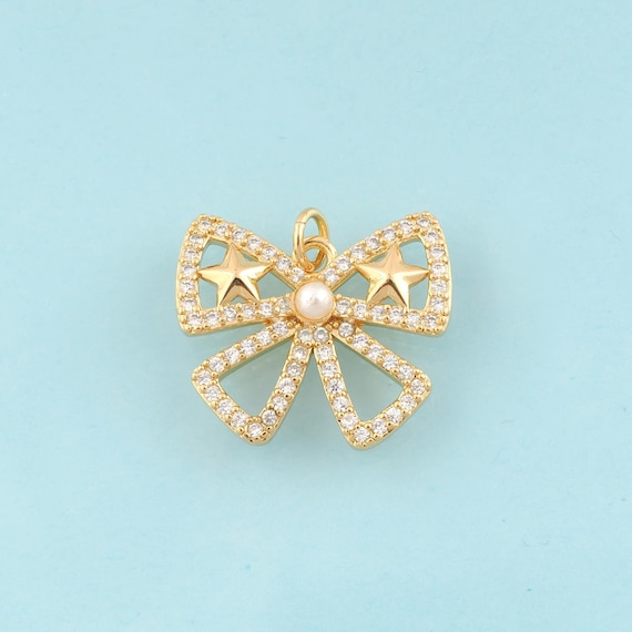 Gold CZ Bow Charms,Star Jewelry,Bow Pendant for DIY Jewelry Making,18K Gold