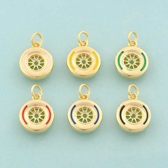 Gold Tire Charms,F1 Tire Jewelry,Enamel Tire Pendant for DIY Jewelry Making,18K Gold