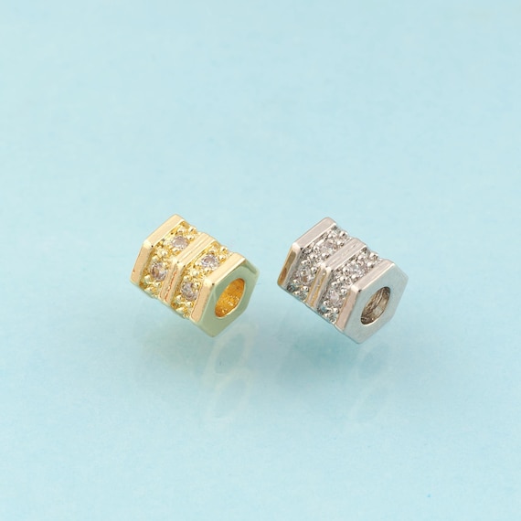 CZ Hexagon Tube Spacer Beads,Round Beads,Hexagon Beads for DIY Jewelry Making,18K Gold & Rhodium