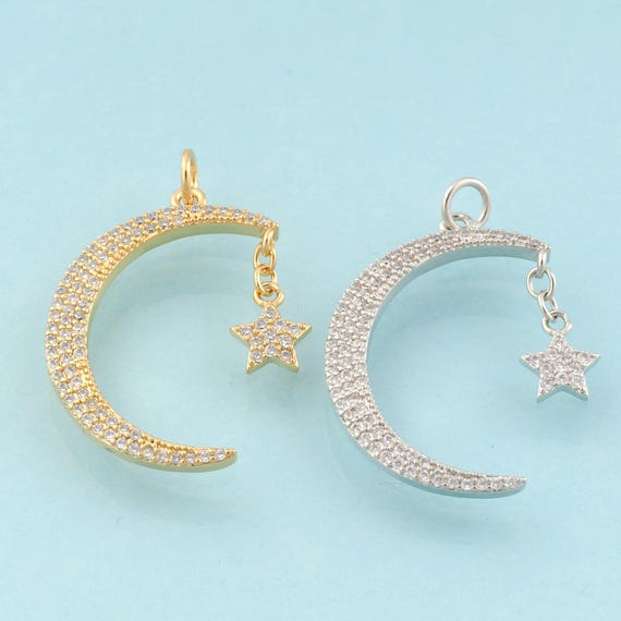 Gold CZ Crescent Moon Charms,Star Jewelry,Celestial Pendant for DIY Jewelry Making,18K Gold & Rhodium