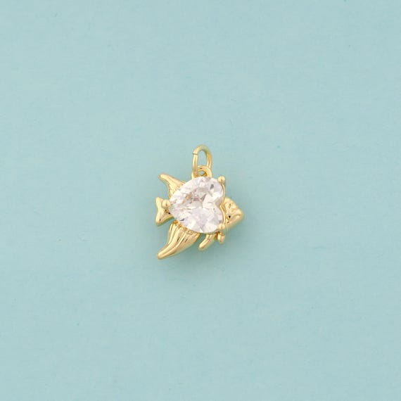Gold CZ Fish Charms,Marine Life Jewelry,Heart Pendant for DIY Jewelry Making,18K Gold