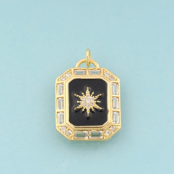 Gold CZ Polaris Charms,Celestial Jewelry,Enamel Square Pendant for DIY Jewelry Making,18K Gold