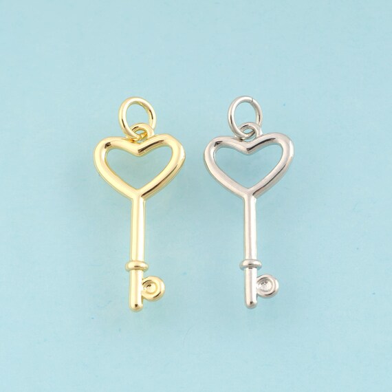 Gold Heart Charms,Key Jewelry,Heart Pendant for DIY Jewelry Making,18K Gold & Rhodium