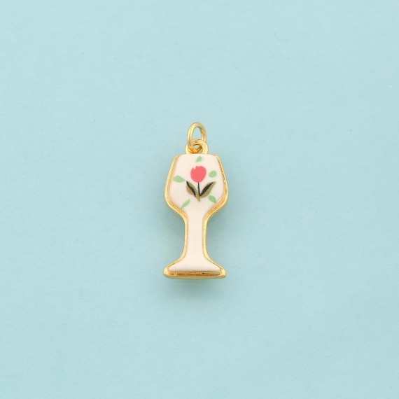 Gold Enamel Goblet Charms,Wine Glass Jewelry,Flower Pendant for DIY Jewelry Making,18K Gold