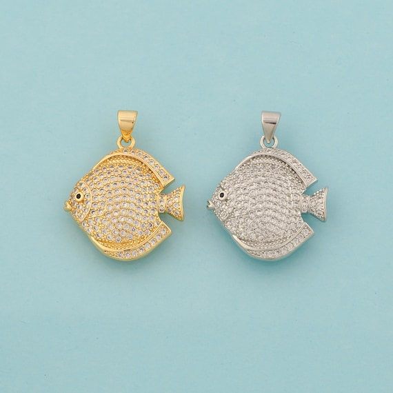 Gold CZ Fish Charms,Marine Life Jewelry,Fish Pendant for DIY Jewelry Making,18K Gold
