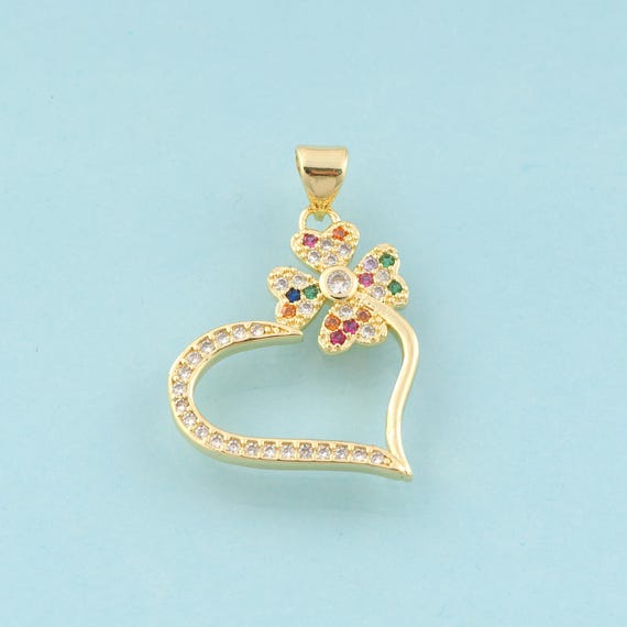 Gold CZ Flower Charms,Heart Jewelry,Flower Pendant for DIY Jewelry Making,18K Gold