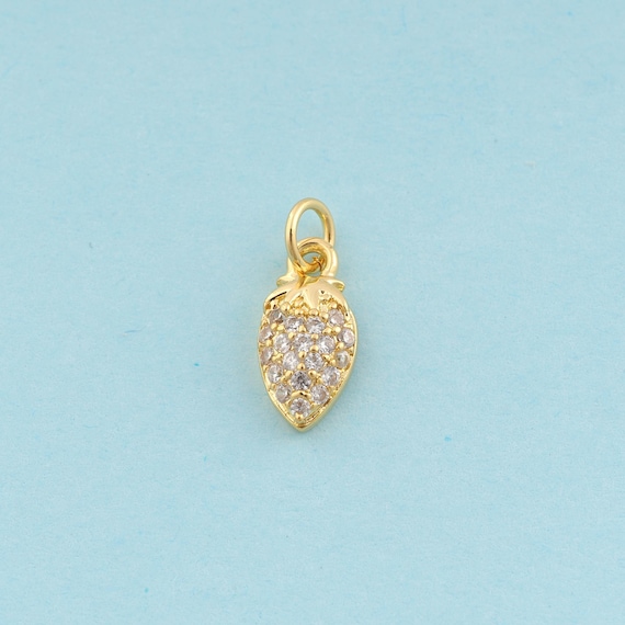 Gold CZ Strawberry Charms,Fruit Jewelry,Strawberry Pendant for DIY Jewelry Making,18K Gold