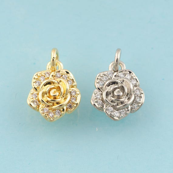 Gold CZ Flower Charms,Plant Jewelry,Plant Pendant for DIY Jewelry Making,18K Gold & Rhodium