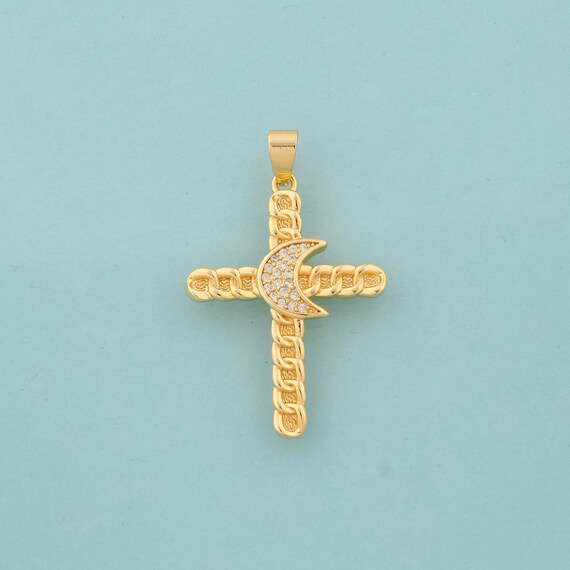 Gold CZ Cross Charms,Moon Jewelry,Christian Pendant for DIY Jewelry Making,18K Gold