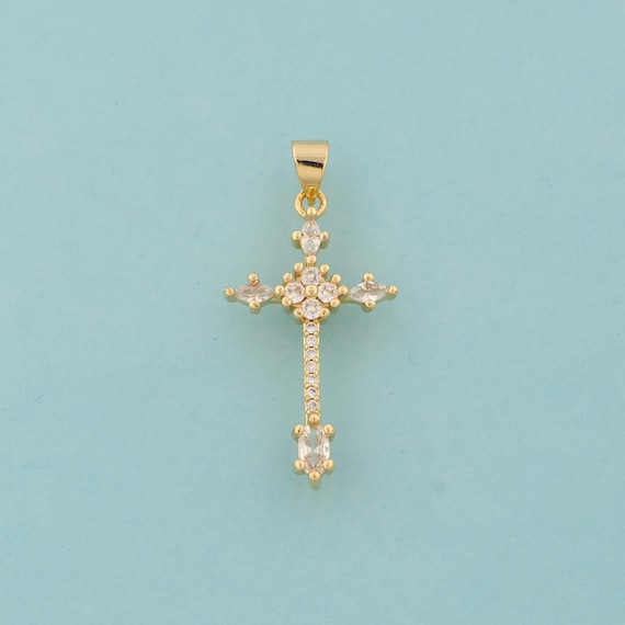 Gold CZ Cross Charms,Religious Jewelry,Christian Pendant for DIY Jewelry Making,18K Gold