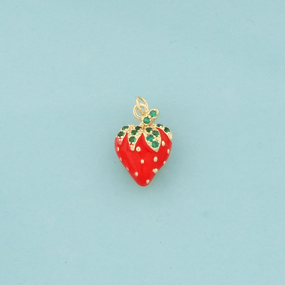 Gold CZ Strawberry Charms,Fruit Jewelry,Enamel Strawberry Pendant for DIY Jewelry Making,18K Gold