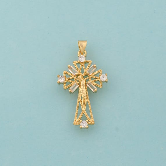 Gold CZ Cross Charms,Victim Jewelry,Christian Pendant for DIY Jewelry Making,18K Gold