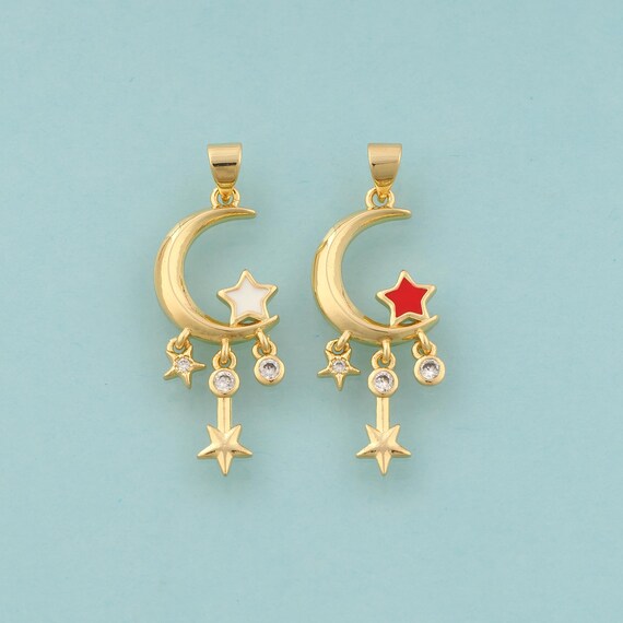 Gold CZ Crescent Moon Charms,Enamel Celestial Jewelry,Star Pendant for DIY Jewelry Making,18K Gold