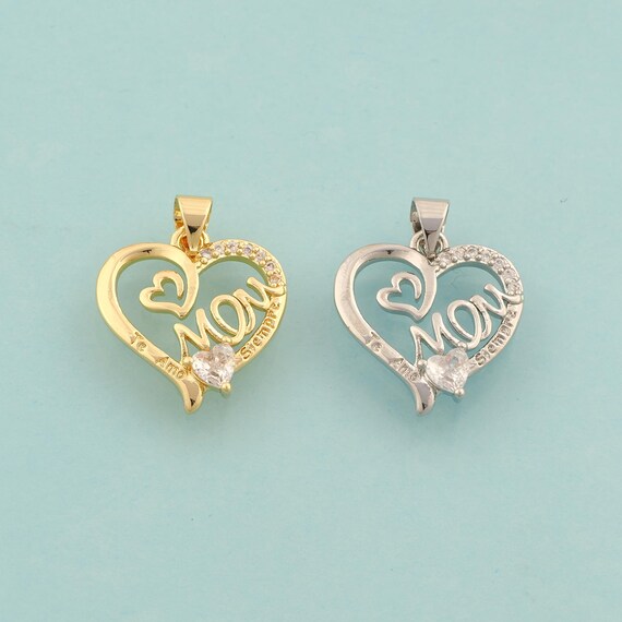 Gold CZ MOM Charms,Heart Jewelry,Letter Pendant for DIY Jewelry Making,18K Gold