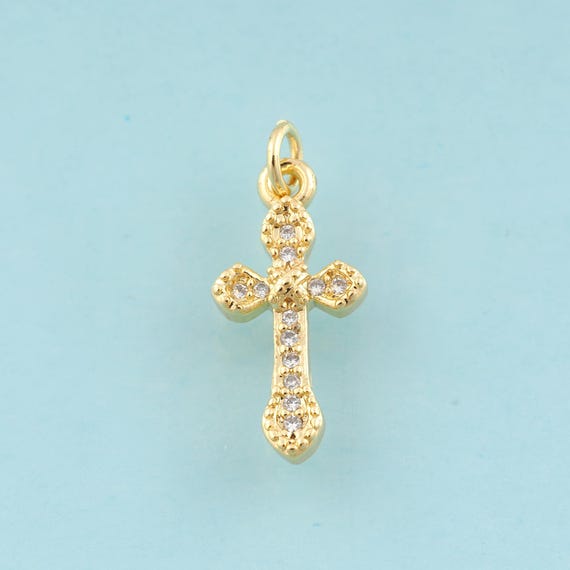 Gold CZ Cross Charms,Religious Jewelry,Christian Pendant for DIY Jewelry Making,18K Gold