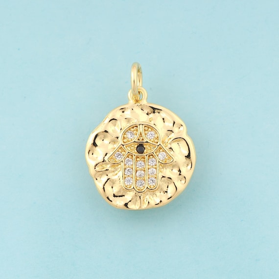 Gold CZ Hamsa Charms,Fatima Jewelry,Evil Eye Pendant for DIY Jewelry Making,18K Gold
