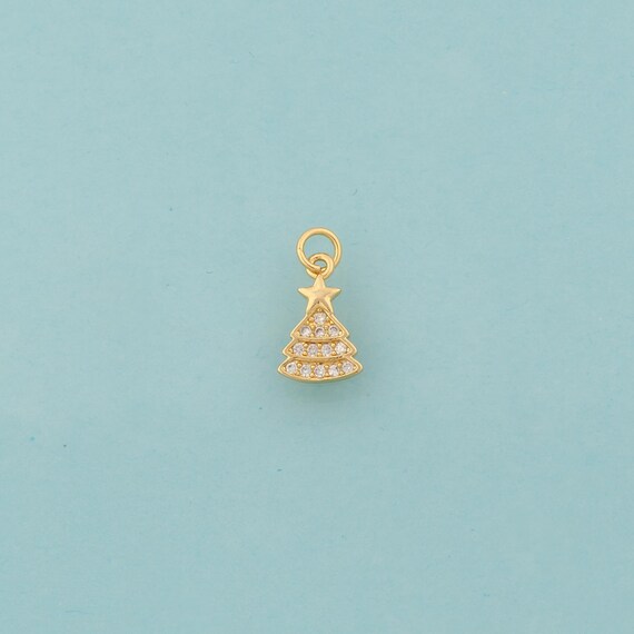 Gold CZ Christmas Tree Charms,Star Jewelry,Mini Tree Pendant for DIY Jewelry Making,18K Gold