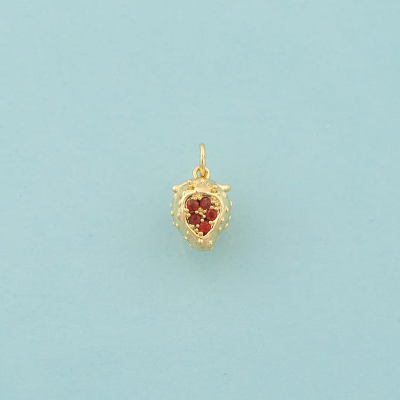 Gold CZ Strawberry Charms,Fruit Jewelry,Strawberry Pendant for DIY Jewelry Making,18K Gold