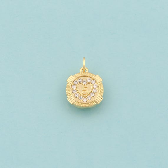 Gold CZ Heart Charms,Round Jewelry,Number Pendant for DIY Jewelry Making,18K Gold