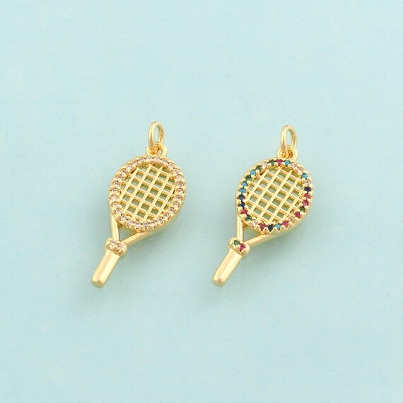 Gold CZ Racket Charms,Sports Jewelry,Racket Pendant for DIY Jewelry Making,18K Gold