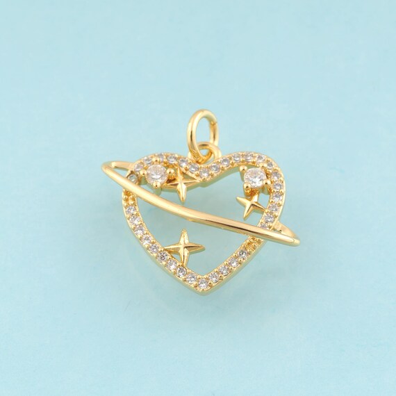Gold CZ Star Charms,Saturn Jewelry,Heart Pendant for DIY Jewelry Making,18K Gold